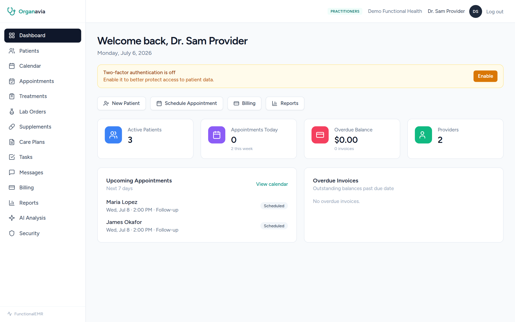 Provider dashboard with today's schedule and practice activity