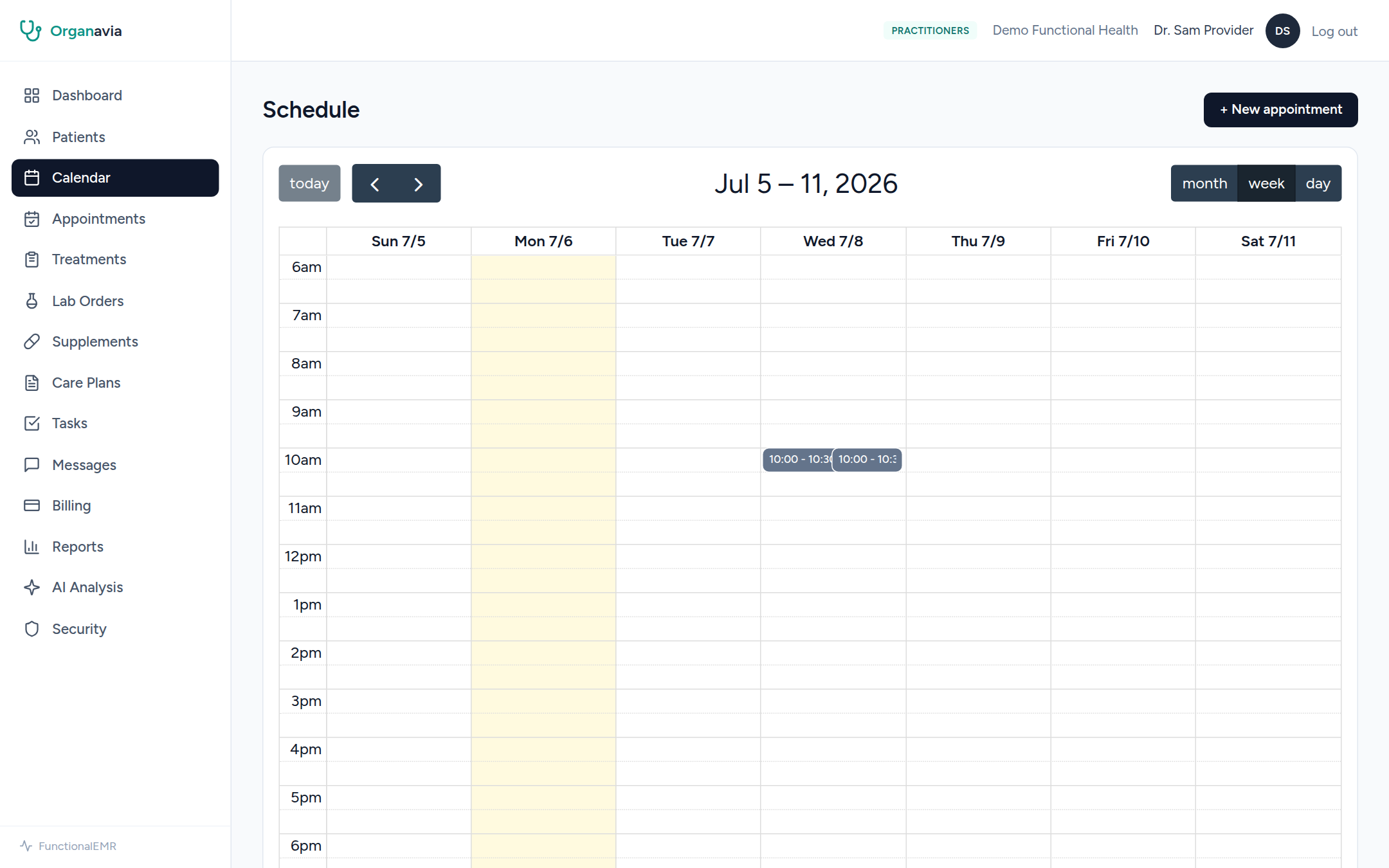 Week-view scheduling calendar with appointments